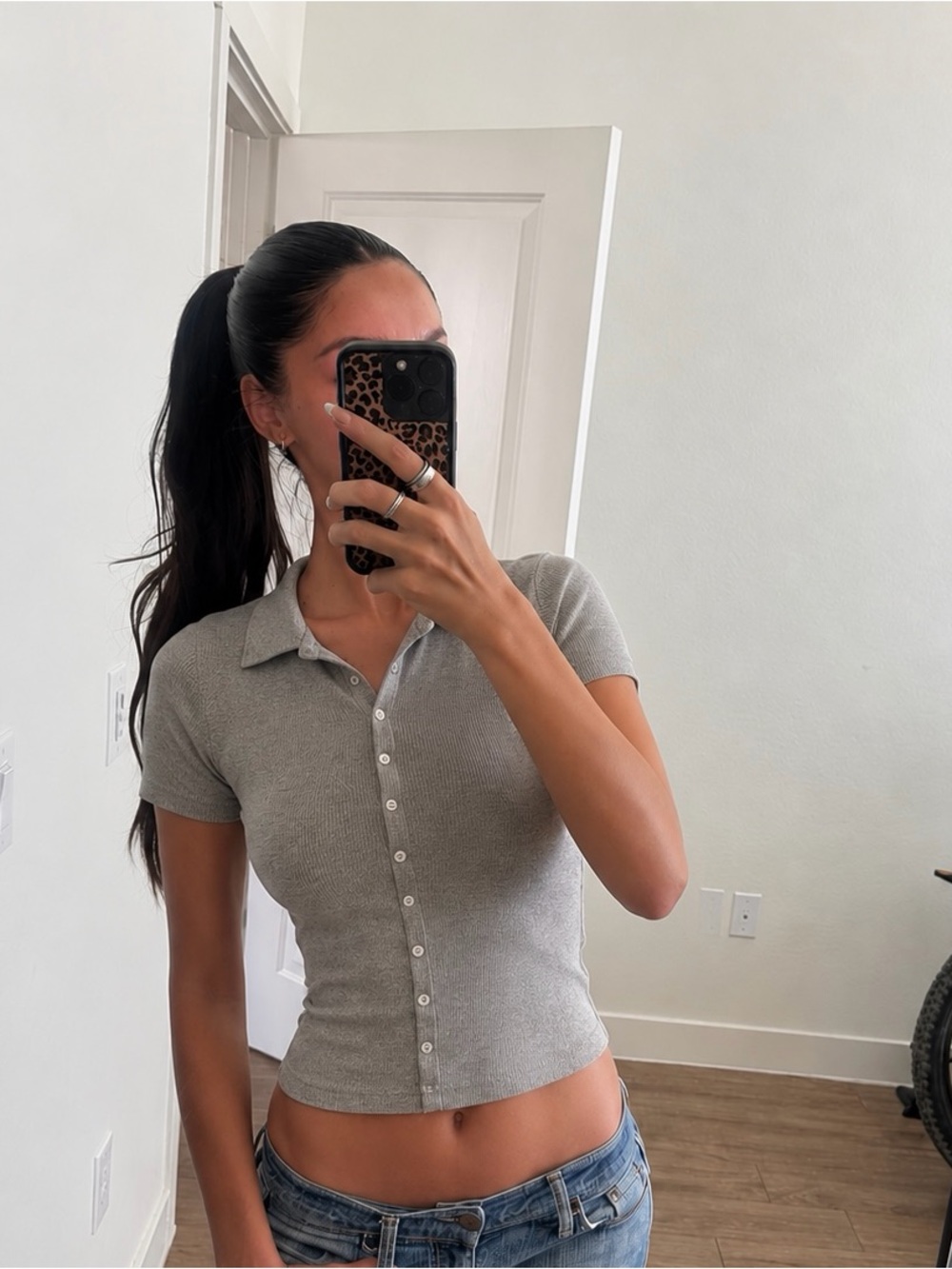 Brandy Melville Gray Fitted Button-Up Polo Shirt